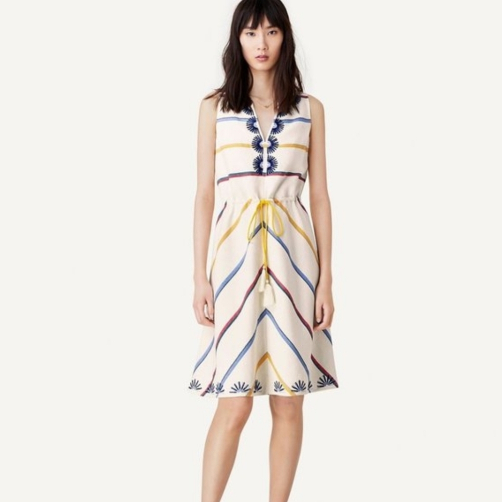 Tory Burch Blaine Tunic Dress Drawstring Waist Sz 4 Linen Blend Nautical Striped